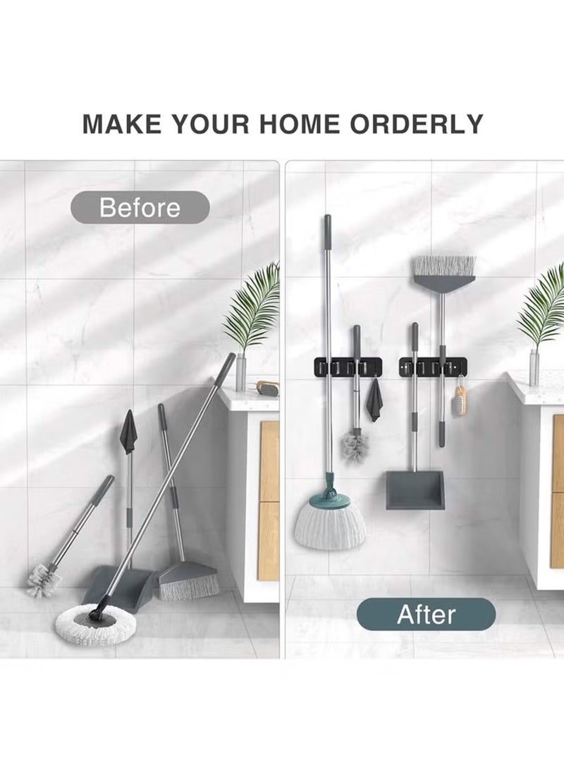 2-Pack Wall Mount Mop and Broom Holder, Heavy Duty Stainless Steel Organizer Rack with Hooks, 2-in-1 No Drill & Screw Installation, Black - Image 3